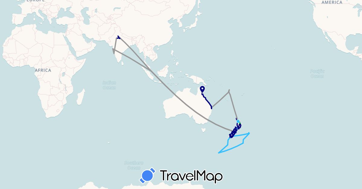 TravelMap itinerary: driving, bus, plane, hiking, boat, hitchhiking in Australia, India, New Zealand, Singapore, Vanuatu (Asia, Oceania)